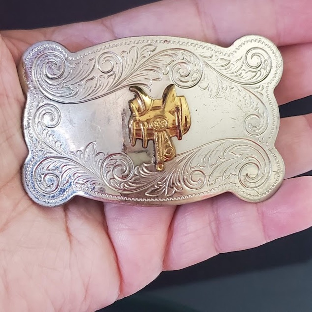 Chambers Belt Co Nickel Silver Western Belt Buckle Gold Tone Saddle Engraved USA